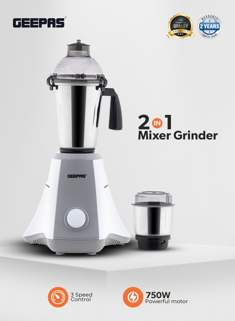 جيباس 2-IN-1 Mixer Grinder 750W | Powerful Motor with Stainless Steel Jars and Blades | Unbreakable Polycarbonate Jar Caps Ergonomic Design | Overload Protector, 2 Jars with 3 Speed Control  | GSB44128  White & Grey 1.5 L 750 W GSB44128 White & Grey - Image 1
