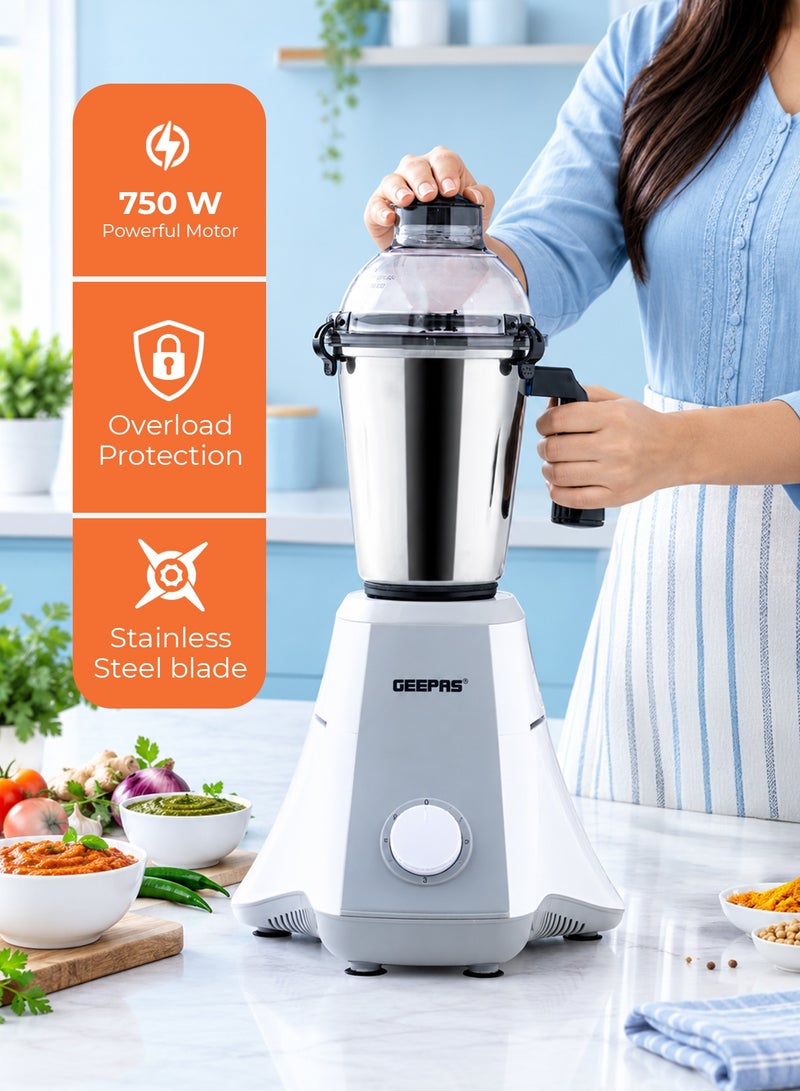 جيباس 2-IN-1 Mixer Grinder 750W | Powerful Motor with Stainless Steel Jars and Blades | Unbreakable Polycarbonate Jar Caps Ergonomic Design | Overload Protector, 2 Jars with 3 Speed Control  | GSB44128  White & Grey 1.5 L 750 W GSB44128 White & Grey - Image 5