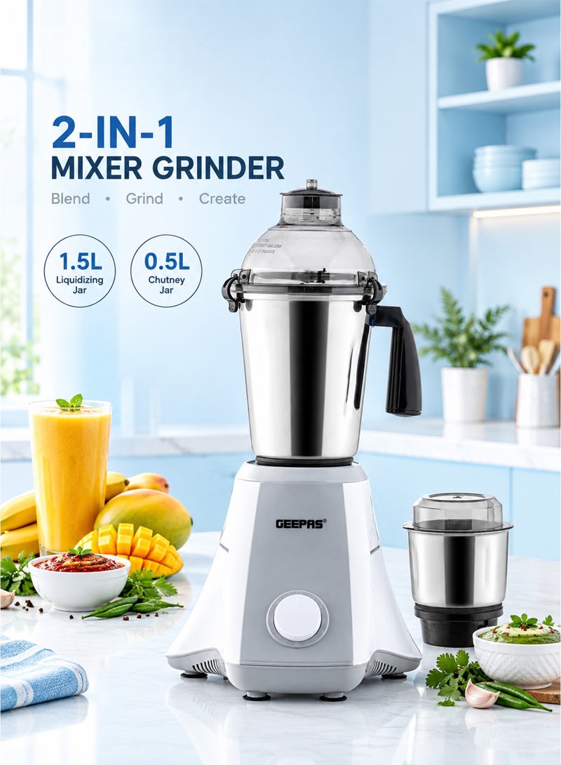 جيباس 2-IN-1 Mixer Grinder 750W | Powerful Motor with Stainless Steel Jars and Blades | Unbreakable Polycarbonate Jar Caps Ergonomic Design | Overload Protector, 2 Jars with 3 Speed Control  | GSB44128  White & Grey 1.5 L 750 W GSB44128 White & Grey - Image 3