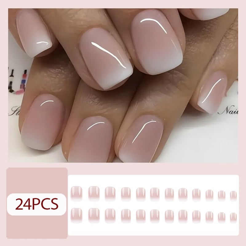 Hrnsnails Nail Press ons, Short Square Press On Nails French Fake Nails with Pink White Ombre Press ons Design, Acrylic Artificial False Nails Press On Stick On Nails for Women - Image 2