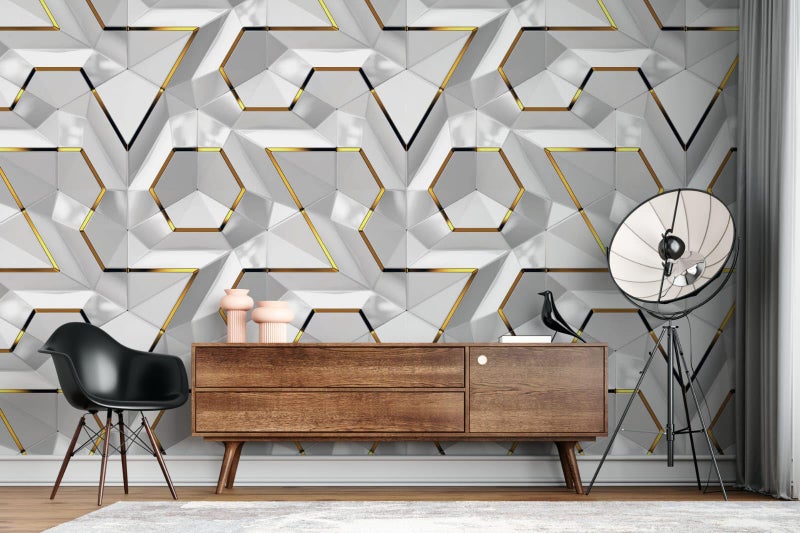 Nimbose® Geometric Wallpaper for Bedroom, 3D White & Gold Geometric Modules Self-Adhesive Wallpapers, Spectacular 3D Effect, 10m Big Rolls (45 x 1000cm) - Image 3