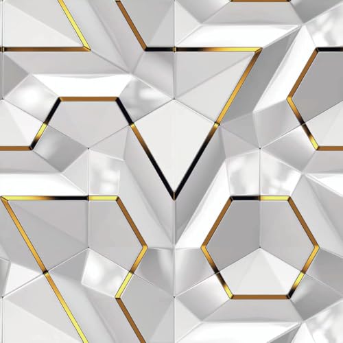 Nimbose® Geometric Wallpaper for Bedroom, 3D White & Gold Geometric Modules Self-Adhesive Wallpapers, Spectacular 3D Effect, 10m Big Rolls (45 x 1000cm) - Image 1