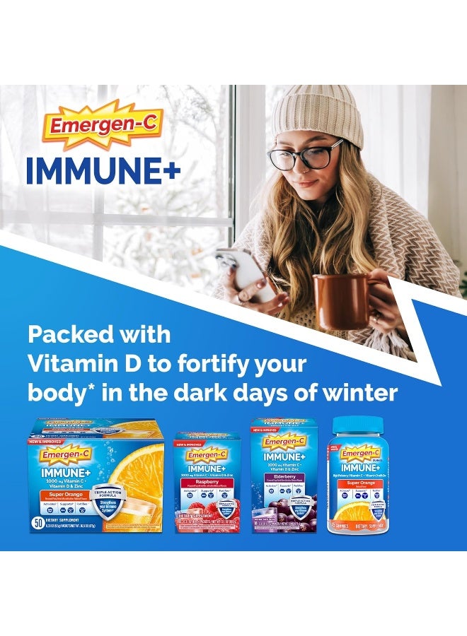 Emergen-C Immune+ 1000Mg Vitamin C Powder, With Vitamin D, Zinc, Antioxidants And Electrolytes For Immunity, Immune Support Dietary Supplement, Super Orange Flavor - 50 Count - Image 2