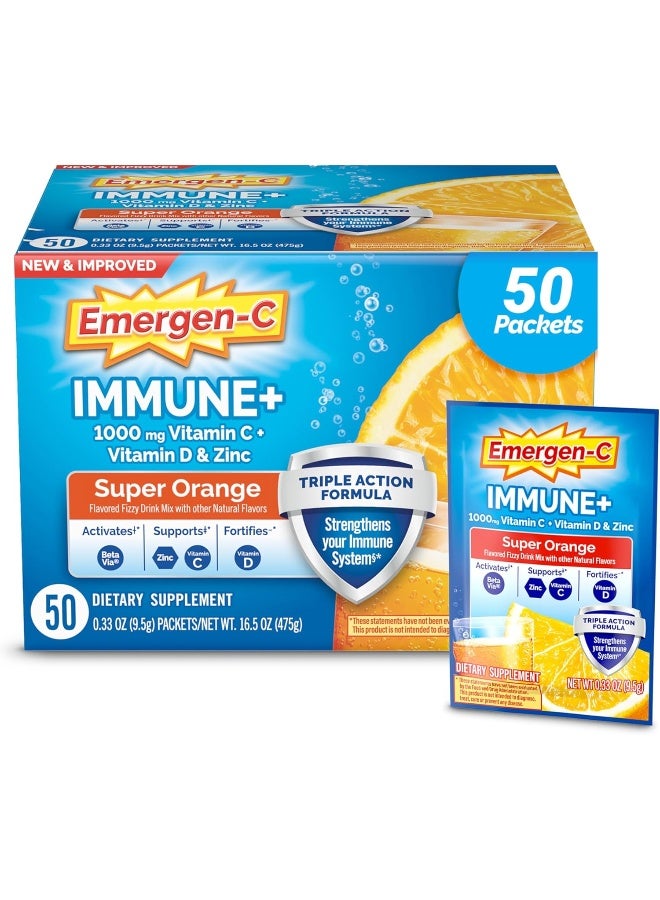 Emergen-C Immune+ 1000Mg Vitamin C Powder, With Vitamin D, Zinc, Antioxidants And Electrolytes For Immunity, Immune Support Dietary Supplement, Super Orange Flavor - 50 Count - Image 1