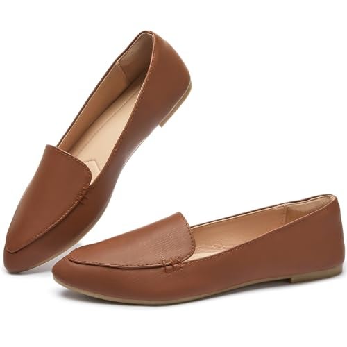 FINIWOR Loafers for Women Flats Shoes Women Pointed Toe Dress Shoes Comfortable Memory Foam Penny Loafers Slip On Shoes(Brown US6) - Image 1