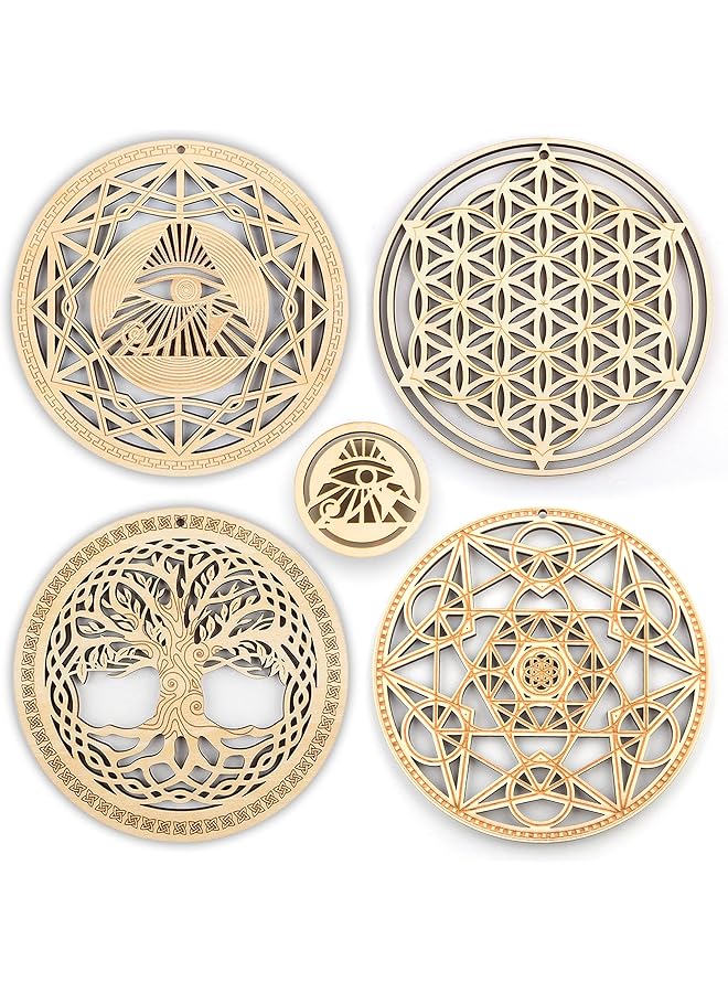erorex 5.31 Inch Sacred Geometry Wall Art 4 Pcs Set Meditation Decor The Eye Of Horus The Flower Of Life The Tree Of Life Metatron'S Cube Crystal Grid Yoga Decor Wooden Art Set Spiritual Gifts - Image 1