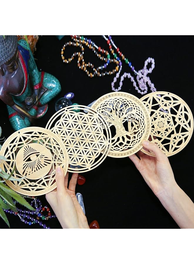 erorex 5.31 Inch Sacred Geometry Wall Art 4 Pcs Set Meditation Decor The Eye Of Horus The Flower Of Life The Tree Of Life Metatron'S Cube Crystal Grid Yoga Decor Wooden Art Set Spiritual Gifts - Image 3