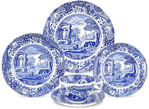 Spode مجموعة إعداد طاولة سبود بلو إيطالي 5 قطع - طبق عشاء، طبق سلطة، طبق خبز وزبدة، فنجان وش saucer - آمن في غسالة الصحون - مصنوع في إنجلترا من الخزف الفاخر
