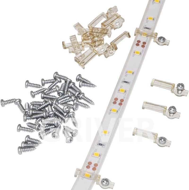 GRIVER 100 Pack Strip Light Mounting Brackets,Fixing Clips,One-Side Fixing,100 Screws Included (Ideal for 12mm Wide IP68 Silicone Cover Strips) - Image 2