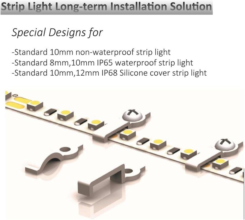 GRIVER 100 Pack Strip Light Mounting Brackets,Fixing Clips,One-Side Fixing,100 Screws Included (Ideal for 12mm Wide IP68 Silicone Cover Strips) - Image 4