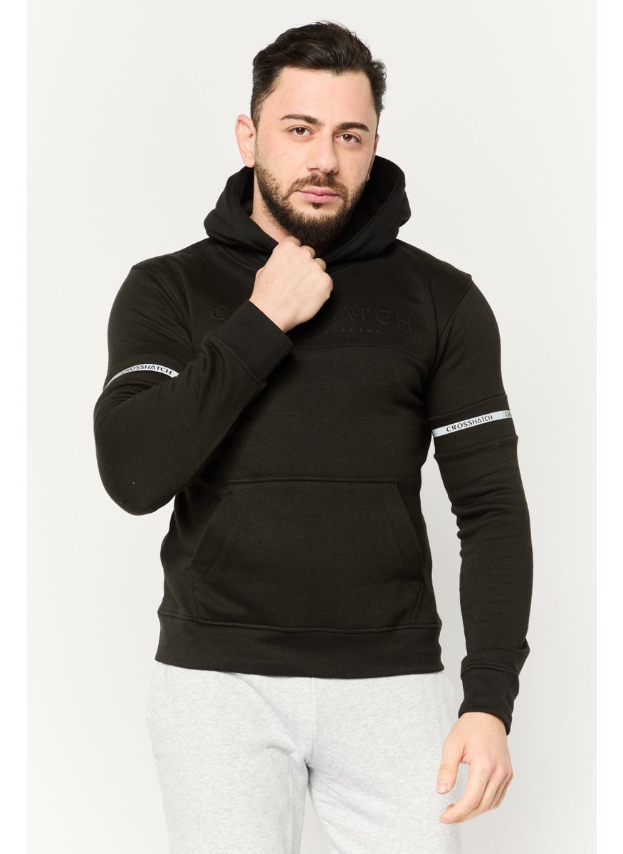 CROSSHATCH Men Embossed Print Fleece Hoodie, Black  - Image 1