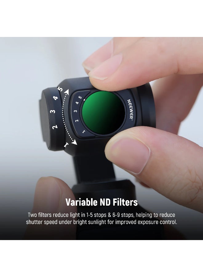نيوير مجموعة فلاتر مغناطيسية متغيرة 4 قطع من NEEWER لكاميرا DJI Osmo Pocket 3، ND2-32 وND64-512 قابلة للتعديل، مع فلتر CPL وUV، زجاج بصري HD، تركيب سريع - Image 3