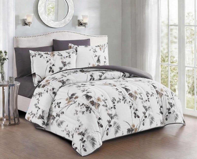 Happymoon Floral Comforter Set Single Size 4 Pieces Microfiber Bedding Set Luxury Soft Bed Set with Fitted Sheet & Pillow Sham, Lightweight All Season Comforter 230x170 cm Snap Closure