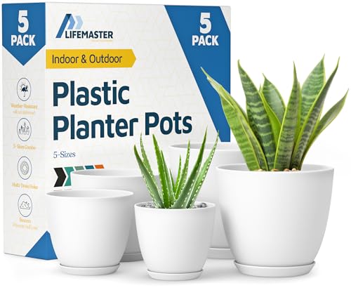 Lifemaster Eco Friendly Plant Pot Set 5Pack Home Decor Flower Indoor and Outdoor Plastic Pots with Drainage Holes Assorted Sizes 7 66 6 53 48 Stackable Garden Versatile Planters - Image 1