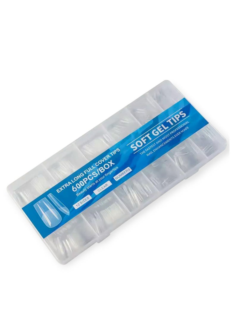 600pcs X Gel Nails Set, Semi-Gloss Clear Matte Acrylic Gel Nail Tips, Pre-Shaped Artificial Nail Tips for Nail Extension - Image 1