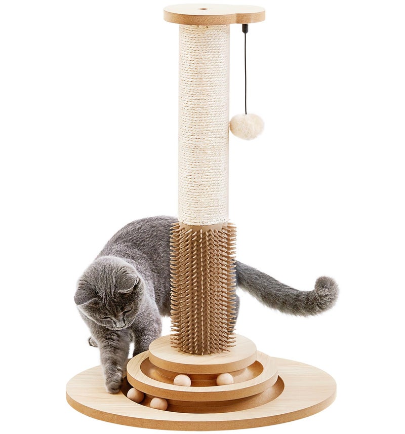 MADE 4 PETS Made4Pets Cat Scratching Post, 23" Tall Sisal Cat Scratcher Post with Self Groomer, 4-in-1 Interactive Trackball Toys with Hair Brush, Vertical Cat Climbing Tree with Dangling Plush Balls - Image 1