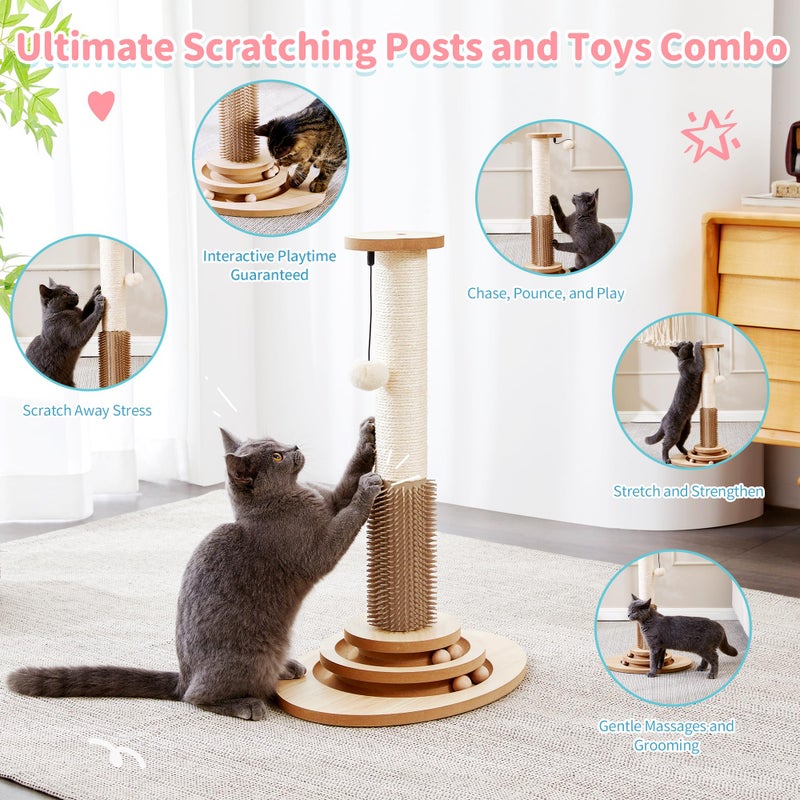 MADE 4 PETS Made4Pets Cat Scratching Post, 23" Tall Sisal Cat Scratcher Post with Self Groomer, 4-in-1 Interactive Trackball Toys with Hair Brush, Vertical Cat Climbing Tree with Dangling Plush Balls - Image 2
