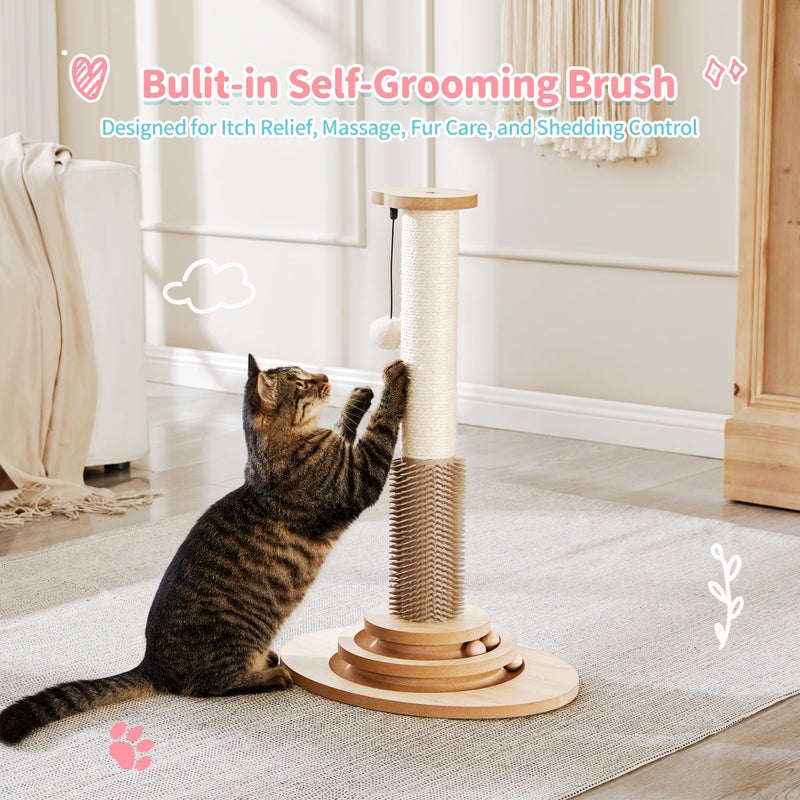 MADE 4 PETS Made4Pets Cat Scratching Post, 23" Tall Sisal Cat Scratcher Post with Self Groomer, 4-in-1 Interactive Trackball Toys with Hair Brush, Vertical Cat Climbing Tree with Dangling Plush Balls - Image 4
