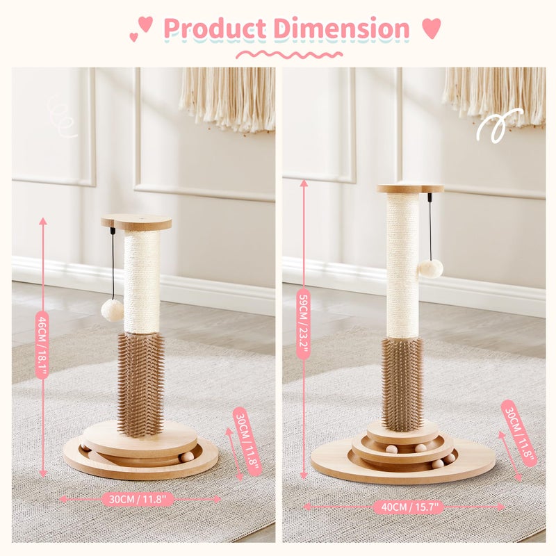 MADE 4 PETS Made4Pets Cat Scratching Post, 23" Tall Sisal Cat Scratcher Post with Self Groomer, 4-in-1 Interactive Trackball Toys with Hair Brush, Vertical Cat Climbing Tree with Dangling Plush Balls - Image 3