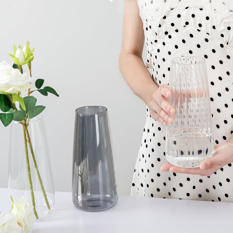 FANTESTICRYAN 8.3in Clear Glass Vase for Flowers, Ribbed Flower Vase for Table Centerpiece Wedding Home Decor, Modern Glass Vases for Living Room, Bedroom, Dining Table, Office, Birthday Housewarming Gift (Striped) - Image 5