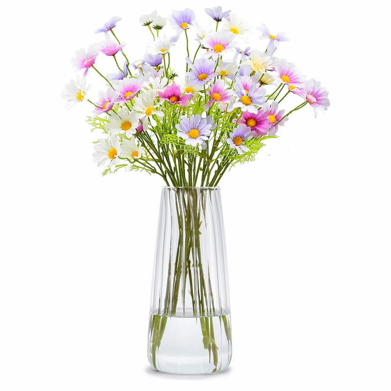 FANTESTICRYAN 8.3in Clear Glass Vase for Flowers, Ribbed Flower Vase for Table Centerpiece Wedding Home Decor, Modern Glass Vases for Living Room, Bedroom, Dining Table, Office, Birthday Housewarming Gift (Striped) - Image 1