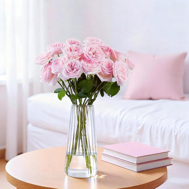 FANTESTICRYAN 8.3in Clear Glass Vase for Flowers, Ribbed Flower Vase for Table Centerpiece Wedding Home Decor, Modern Glass Vases for Living Room, Bedroom, Dining Table, Office, Birthday Housewarming Gift (Striped) - Image 2
