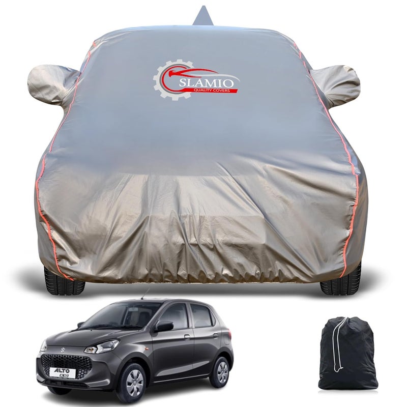 Slamio Heavy-Duty Car Body Cover for Maruti Suzuki Alto K10 (2022-2025) | Waterproof, Dustproof, UV Protection, Custom Fit, Heavy Belt & Buckle with Mirror & Antenna Pocket | Dark Grey - Image 1