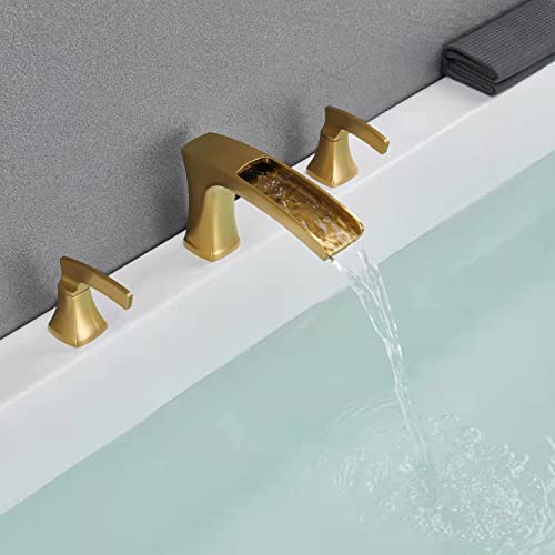 Artiqua Deck Mount Waterfall Tub Faucet Roman Tub Filler Brushed Gold Bathtub Faucets 3 Hole Brass Bathroom Faucets with 2 Handles - Image 4
