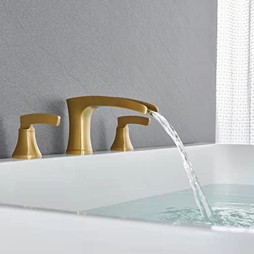 Artiqua Deck Mount Waterfall Tub Faucet Roman Tub Filler Brushed Gold Bathtub Faucets 3 Hole Brass Bathroom Faucets with 2 Handles - Image 3