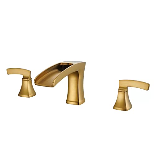 Artiqua Deck Mount Waterfall Tub Faucet Roman Tub Filler Brushed Gold Bathtub Faucets 3 Hole Brass Bathroom Faucets with 2 Handles - Image 1