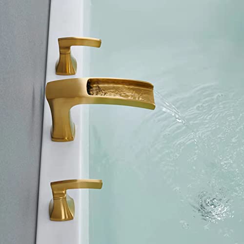 Artiqua Deck Mount Waterfall Tub Faucet Roman Tub Filler Brushed Gold Bathtub Faucets 3 Hole Brass Bathroom Faucets with 2 Handles - Image 5