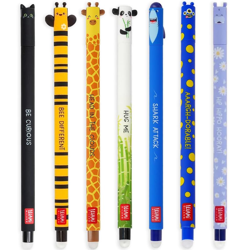 LEGAMI - Set of 7 Erasable Gel Pens with Thermosensitive Erase Ink, Range of ink colours & barrel designs, 0.7mm Tip, Cat, Bee, Corgi, Giraffe, Panda, Shark, Hippo Designs - Image 1