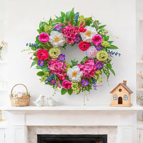 Pinkpuii Spring Wreaths for Front Door 24 Inch Lush Spring Door Wreath with Pink Peonies, Roses, White Blooms & Greenery, Garden Style Summer Flower Wreath for Front Porch, Entryway & Wall Window - Image 5