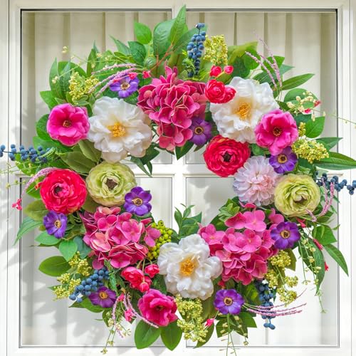 Pinkpuii Spring Wreaths for Front Door 24 Inch Lush Spring Door Wreath with Pink Peonies, Roses, White Blooms & Greenery, Garden Style Summer Flower Wreath for Front Porch, Entryway & Wall Window - Image 4