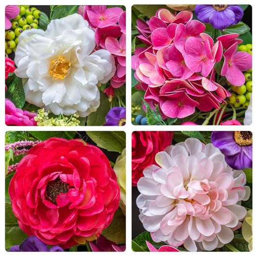 Pinkpuii Spring Wreaths for Front Door 24 Inch Lush Spring Door Wreath with Pink Peonies, Roses, White Blooms & Greenery, Garden Style Summer Flower Wreath for Front Porch, Entryway & Wall Window - Image 3