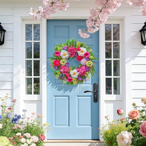 Pinkpuii Spring Wreaths for Front Door 24 Inch Lush Spring Door Wreath with Pink Peonies, Roses, White Blooms & Greenery, Garden Style Summer Flower Wreath for Front Porch, Entryway & Wall Window - Image 2