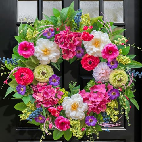 Pinkpuii Spring Wreaths for Front Door 24 Inch Lush Spring Door Wreath with Pink Peonies, Roses, White Blooms & Greenery, Garden Style Summer Flower Wreath for Front Porch, Entryway & Wall Window - Image 1