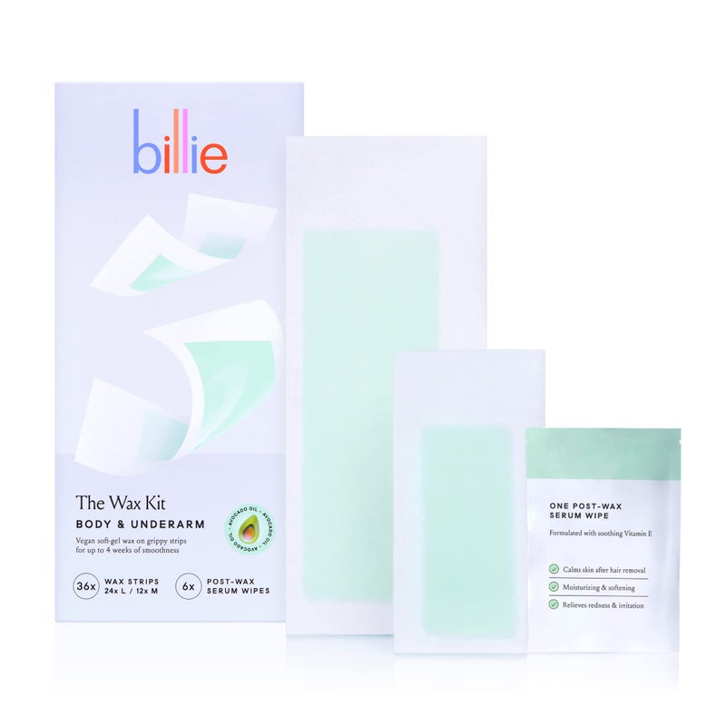 Billie Wax Kit  Body  Underarm  Easy  Convenient  No Heat  Made With Aloe  Avocado Oil  Vegan SoftGel  36 wax strips  6 postwax serum wipes