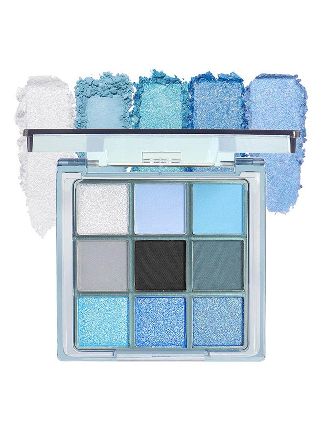 KAPEINE Nine Color Eye Shadow，Light Blue Eyeshadow Palette, Matte & Shimmer Glitter Blue Shadow for Eye Makeup, High Pigmented White Gray Black Green Powder Palete , Cruelty Free - Image 1