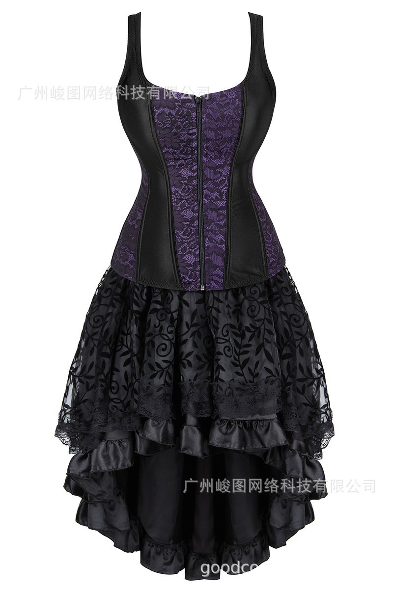 Classic Lotus Leaf Lace Jacquard Adjustable Court Body Shaping Split Set Flocking Luxury Long Dress - Image 1