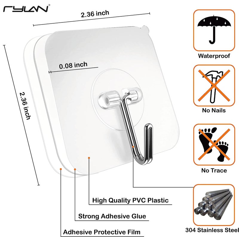 Rylan Plastic Adhesive Hooks for Hanging Heavy Duty Wall Hooks Self Adhesive Towel Coat Hooks Waterproof Transparent Hooks for Kitchen Keys Door Outdoor Home Improvement Utility Hook (Pack of 10) - Image 2