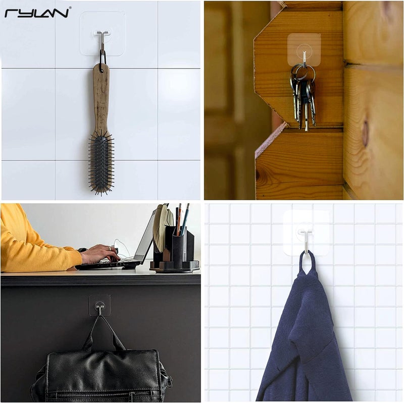 Rylan Plastic Adhesive Hooks for Hanging Heavy Duty Wall Hooks Self Adhesive Towel Coat Hooks Waterproof Transparent Hooks for Kitchen Keys Door Outdoor Home Improvement Utility Hook (Pack of 10) - Image 3