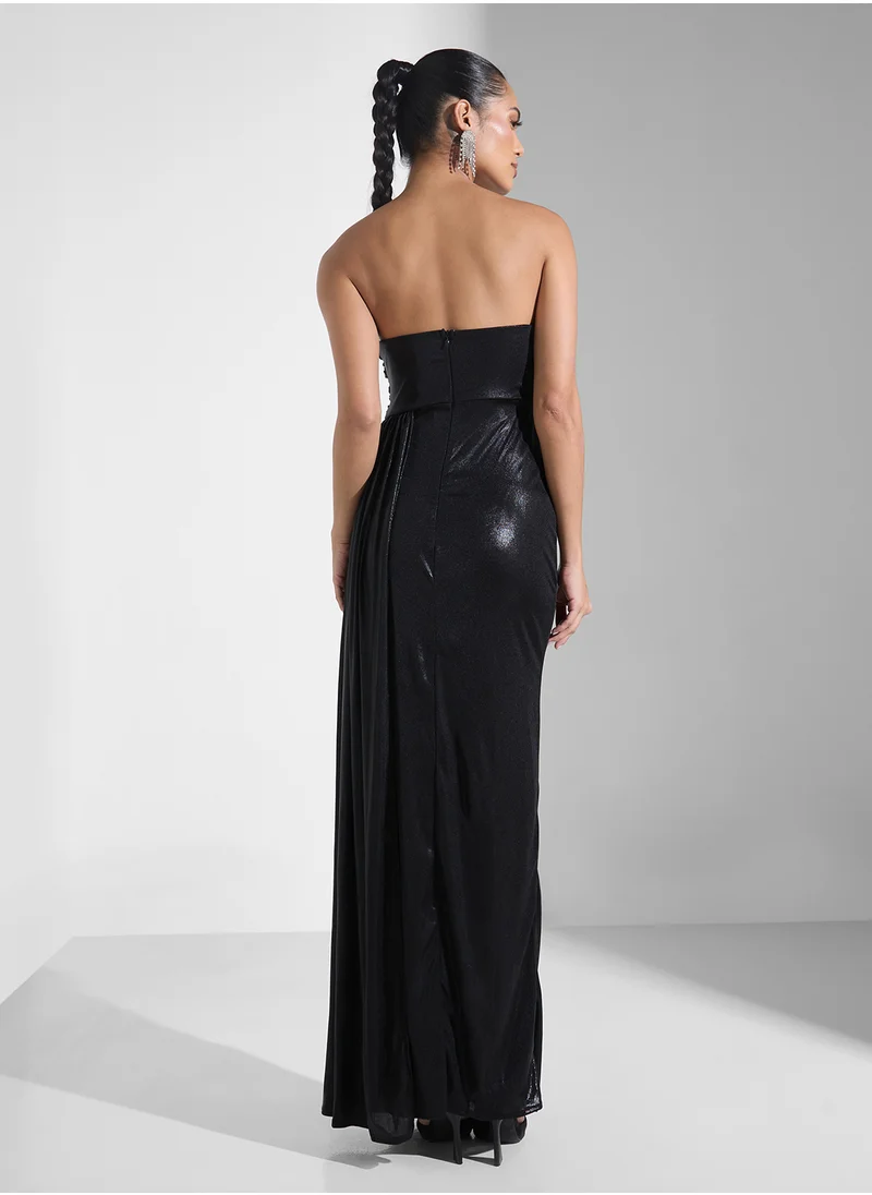 Namshi x Metallic Shimmer Bandeau Dress With Slit