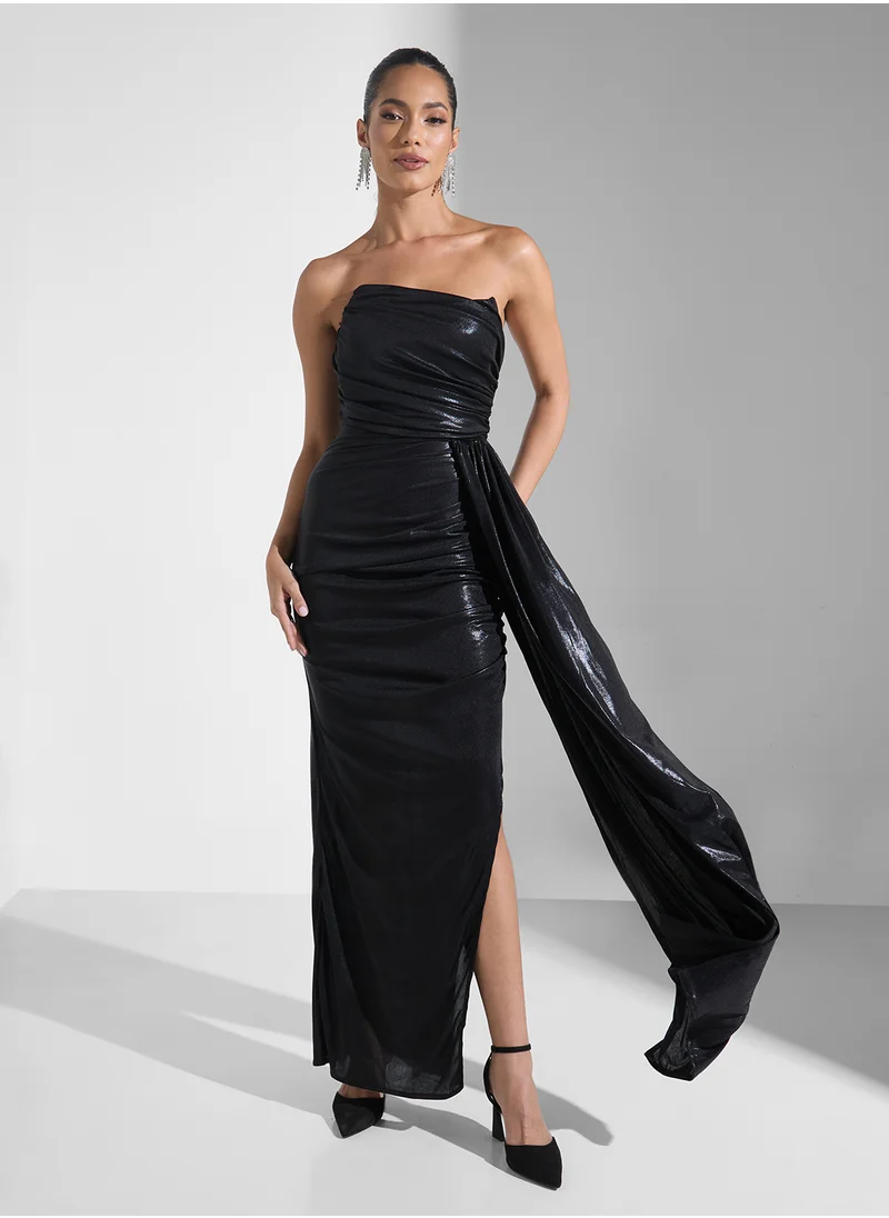Namshi x Metallic Shimmer Bandeau Dress With Slit