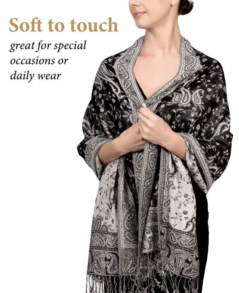 Achillea Soft Silky Reversible Paisley Pashmina Shawl Wrap Scarf w/Fringes (Black White) - Image 2