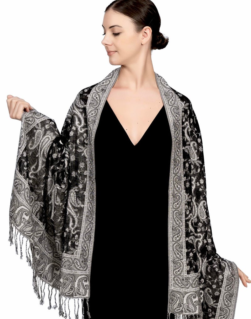 Achillea Soft Silky Reversible Paisley Pashmina Shawl Wrap Scarf w/Fringes (Black White) - Image 4
