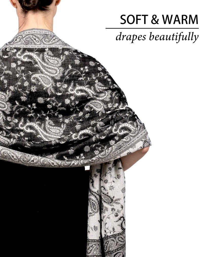 Achillea Soft Silky Reversible Paisley Pashmina Shawl Wrap Scarf w/Fringes (Black White) - Image 5
