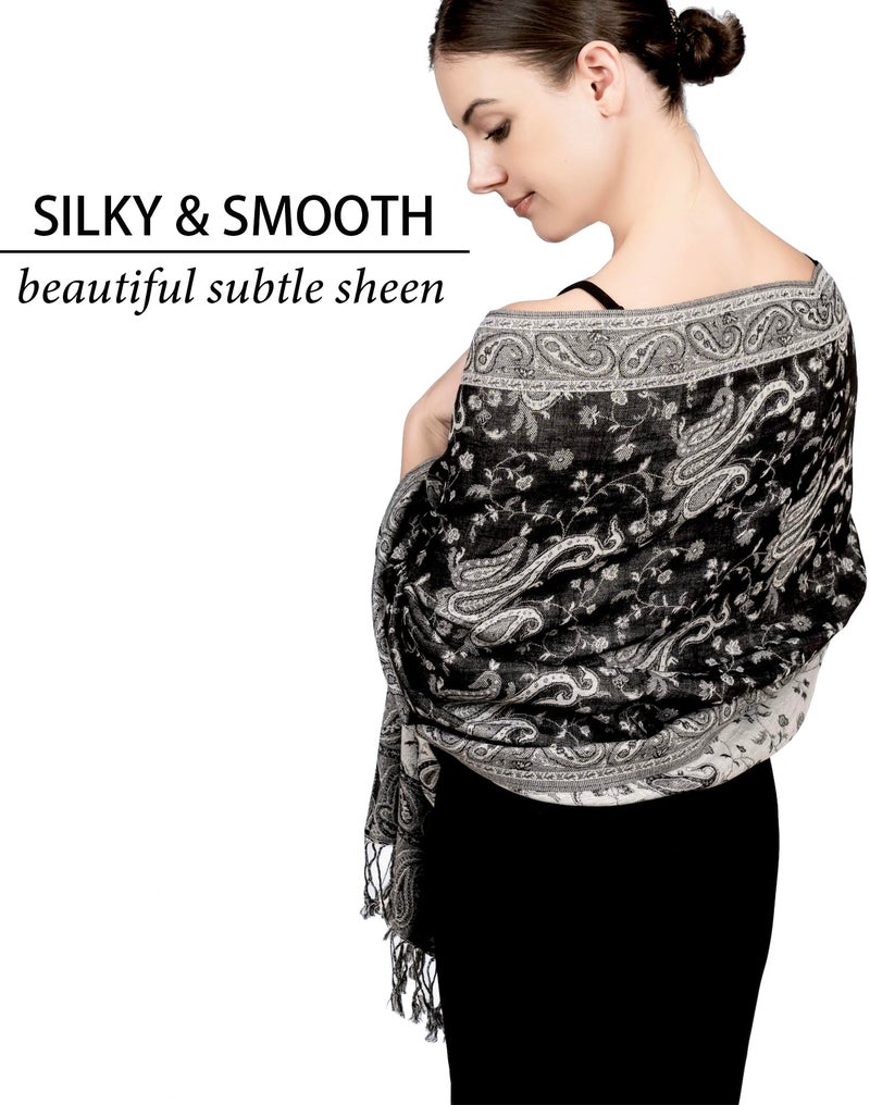 Achillea Soft Silky Reversible Paisley Pashmina Shawl Wrap Scarf w/Fringes (Black White) - Image 3