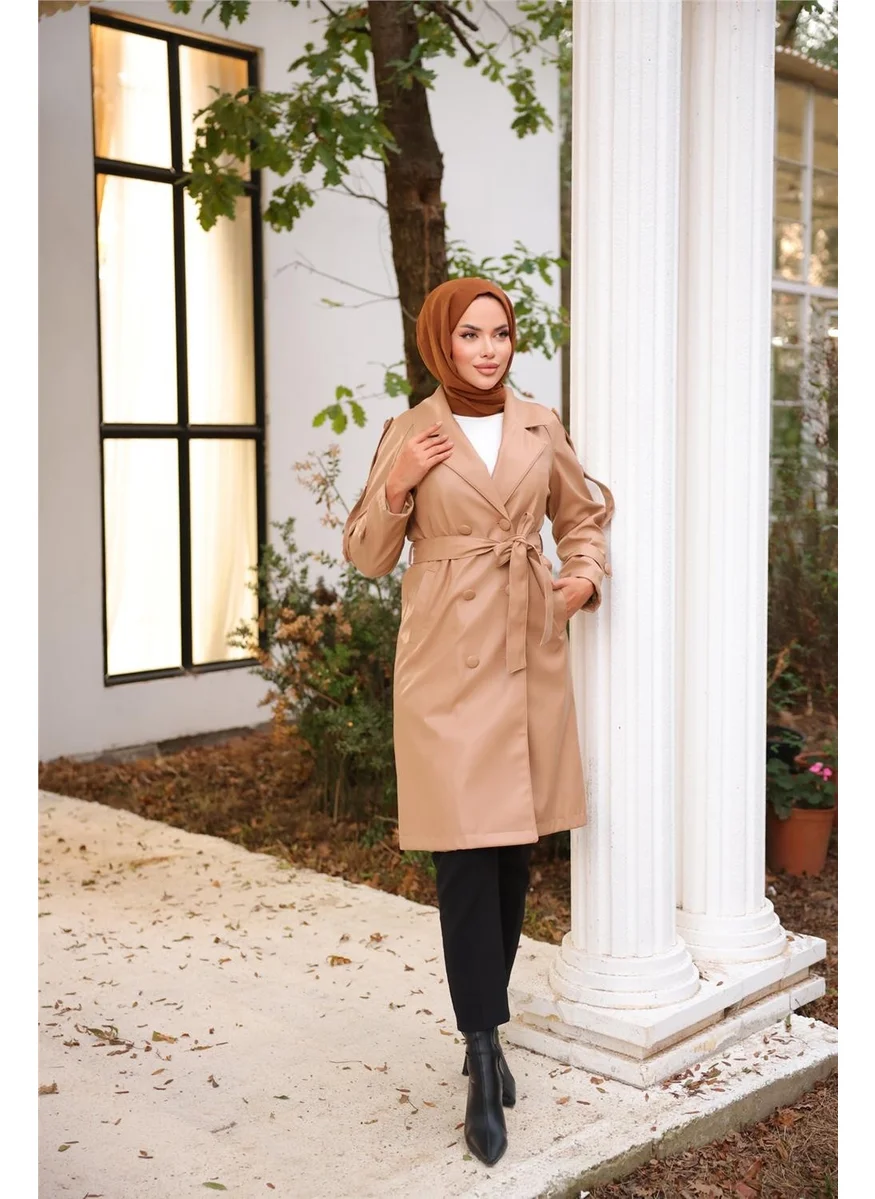Bwest Double Breasted Pocket Waist Laced Leather Trench Coat - 71212.026 - Beige