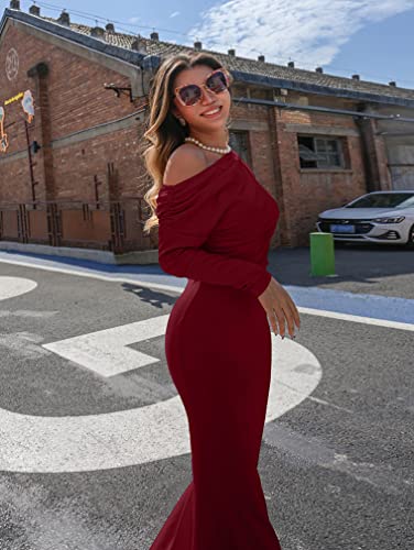 YMDUCH Women's Sexy Elegant Long Sleeve Off Shoulder Bodycon Long Evening Formal Dress WineRed - Image 4